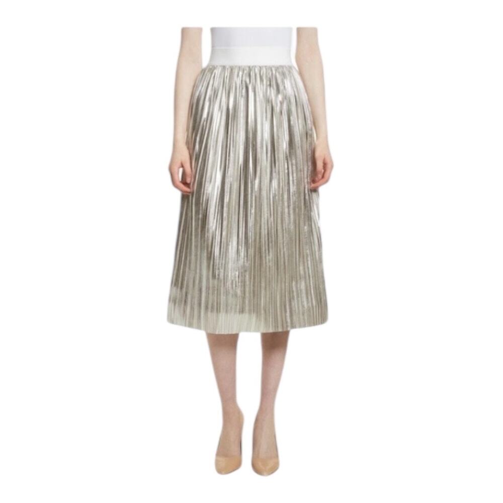 Alice + Olivia Mikaela Silver Metallic Pleated Midi Skirt Size 0